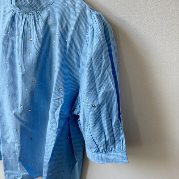 NWT Loft Blue White Striped Short Puff Sleeve Blouse Glitter Dots Cottagecore - Picture 4 of 15